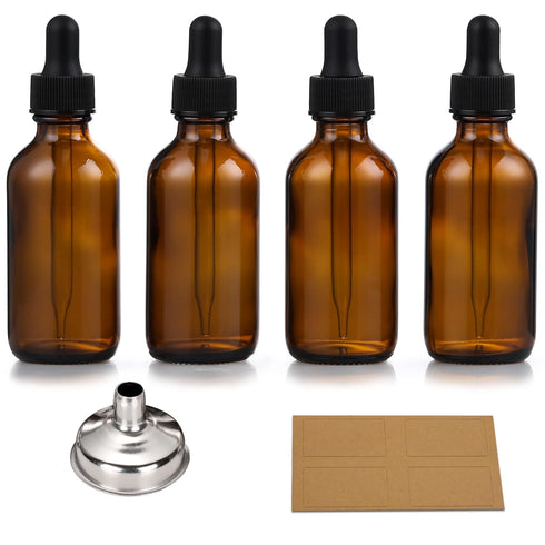 AOZITA Set of 4, 1 oz Eye Dropper Bottles with 1 Stainless Steel Funnels & 4 Labels - 30ml Thick Dark Amber Glass Tincture Bottles - Leakproof Ess...