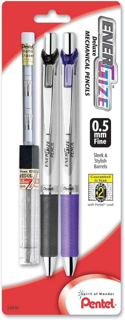 Pentel EnerGize Automatic Pencil with Lead and Erasers, 0.5mm, Assorted, 2 Pack (PL75LEBP2)...