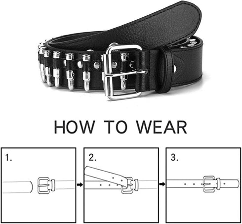 Bullet Studded Belt, Punk Rivet Belt Black Leather Rock Belt with Silver Bullet for Women Men...