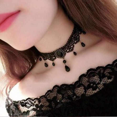 GRAEEN Black Lace Necklaces Gothic Lace Choker Crystal Pendant Halloween Cosplay Party Diamond Necklace Jewelry for Women...