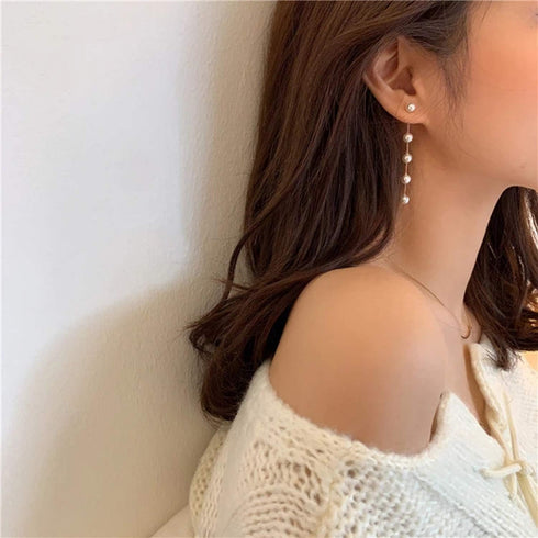 Big Simulated Pearl Long Tassel Drop Earrings for Women Double Sided Front Back Cross Imitation Pearl Dangle Earrings...