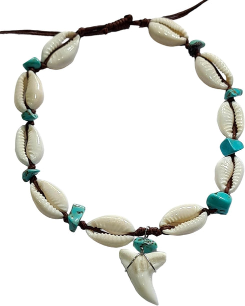 Genuine Mako Shark Tooth Anklet, Handmade Cowrie Shells Anklet for Women Surfer Jewelry EA389-AN...