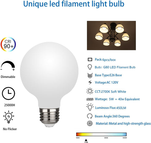 6 Pack G25/G80 Globe LED Bulb, Warm White 2700K Dimmable LED Globe Bulb, 5W Equivalent 40W LED Globe Light Bulbs, CRI 90+, Milky Glass, LED Bulb f...