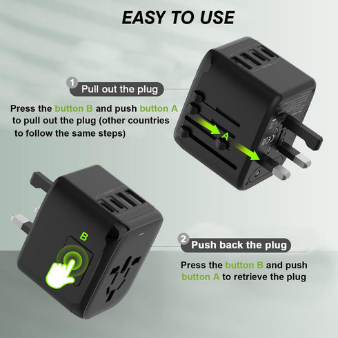 Universal International Power Travel Plug Adapter, 5 in 1 European Travel Plug Adapter W/ 3.5A 2xUSB-A and 2xUSB C Wall Charger and Worldwide AC O...