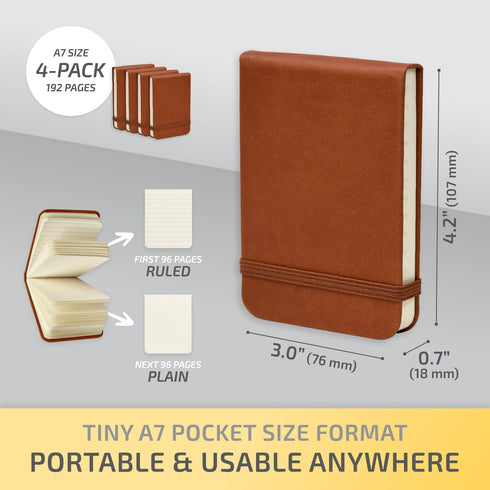 Tiny Notebook 3x4 Small Notepad Pocket Size, A7 Leather Hardcover Mini Notebook, Tear Off Sheet Tiny Notepad with Elastic Band, 4 Pack Mini Pocket...