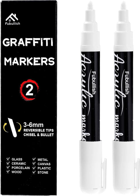 2 Pack White Acrylic Paint Markers, 3-6mm Waterproof Paint Pens for Wood, Canvas, Stone, Rock Painting, Mug, Ceramic, Glass, Metal Surfaces, DIY C...
