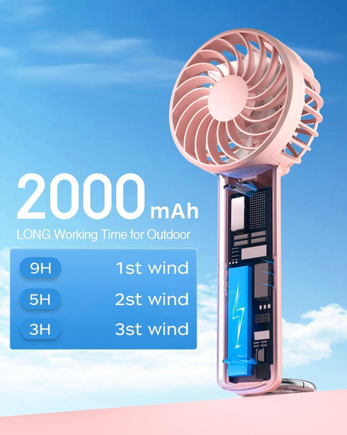 Mini Handheld Fan, Small Portable Fan Battery Operated, Personal Fan with 3 Speed Wind, 2000mAh Battery 9 Hours Long Working Time, Hand Fan Rechar...