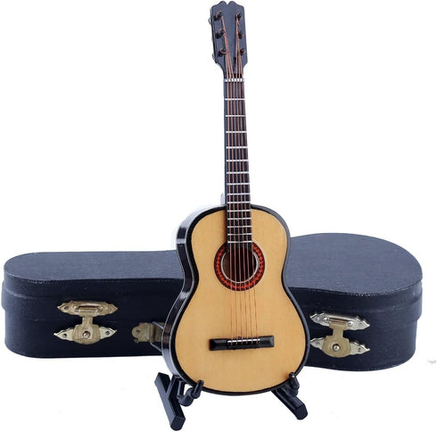 Dselvgvu Wooden Miniature Guitar with Stand and Case Mini Musical Instrument Miniature Dollhouse Model Home Decoration (6.51"x2.28"x0.89")...