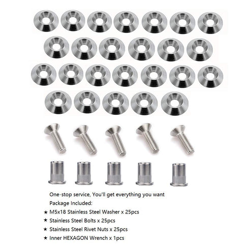 Stainless Steel 25 Pcs Fender Bumper Washer Bolt M5x20mm CNC Finishing Washer Engine Bay Dress Up Fastener Kit Flares Widebody kit Installation Ha...