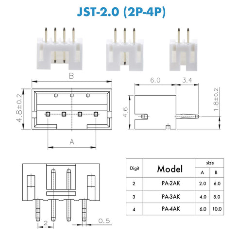 JST PH 2.0 mm Pitch 2-Pin/3-Pin/4-Pin JST Wiring Connecting IC Male Plugs, Female Sockets Housing and T-Shaped Crimp Terminal Kit. 150 Sets/750 Pi...