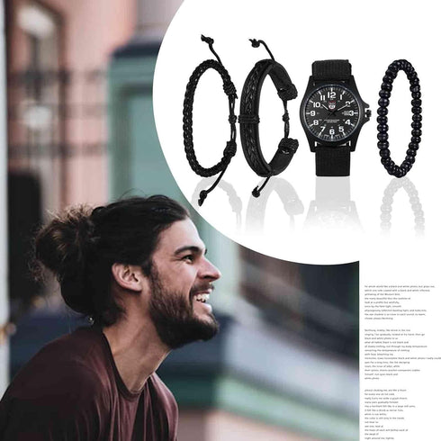 Avaner Men's Bracelet Watch Set, 4 Pcs Wrist Watch Bracelet Set, Military Nylon Strap Quartz Watch Black Leather Bracelets Set for Men...