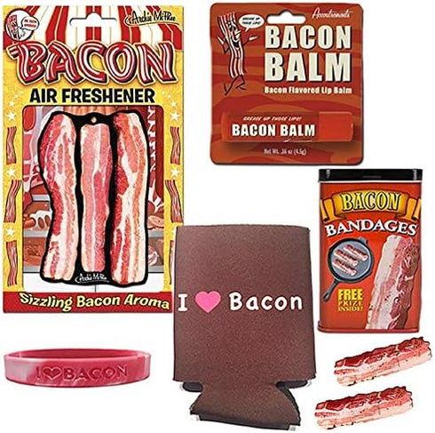 Bacon Bonanza Sampler Gift Pack (5pc Set) - Bacon Bandages, Air Freshener, Lip Balm, I Heart Bacon Can Cooler & I Love Bacon Silicone Wristband...