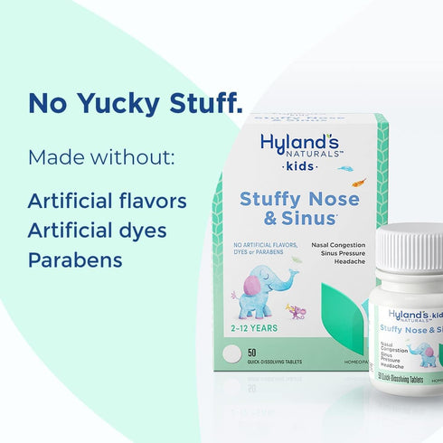Hyland's Kids Stuffy Nose and Sinus Tablets, Cold Medicine for Children Ages 2 and up, Headache Relief and Nasal Decongestant, Quick Dissolving Ta...