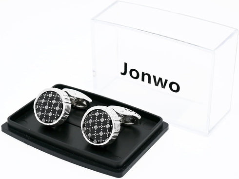 Round Black Cufflinks with Floral Patterns for Men Lady In Gift Case Classic Silver Tone Men's Cufflinks Jewelry Set for Wedding Anniversary Busin...