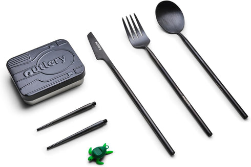 Outlery | Portable & Reusable Stainless Steel Travel Cutlery Set and Reusable Chopsticks (Black) Pocket Sized Cutlery Set...