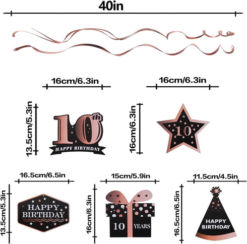 LINGTEER Happy 10th Birthday Decorations - 12 Pcs Birthday Black & Rose Gold Foil Swirls Streamer Set,Cheers to Ten Years Old Bday Party Gift Deco...