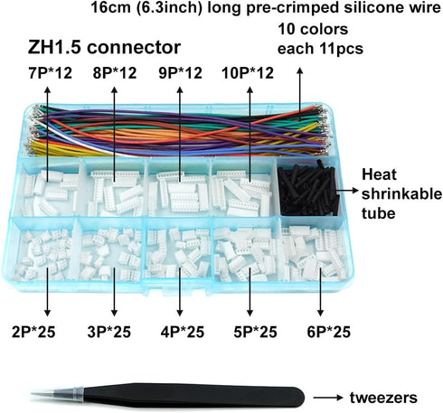 ZH 1.5MM Connectors and 28AWG Pre-Crimped Silicone Cables kit Compatible with JST ZH 1.5 Connector 2/3/4/5/6/7/8/9/10 Pin Housing Adapter Cable wi...