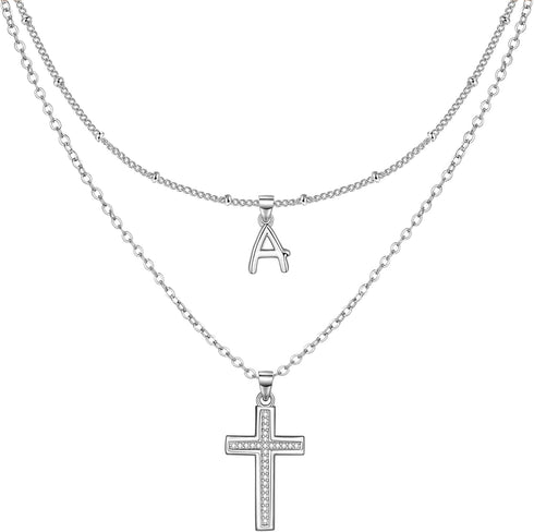 ZENI Dainty Cross Necklaces for Women, White Gold Plated Layered Chain Initial A Pendant Choker Necklace, Cubic Zirconia Cross Christian Faith Jew...