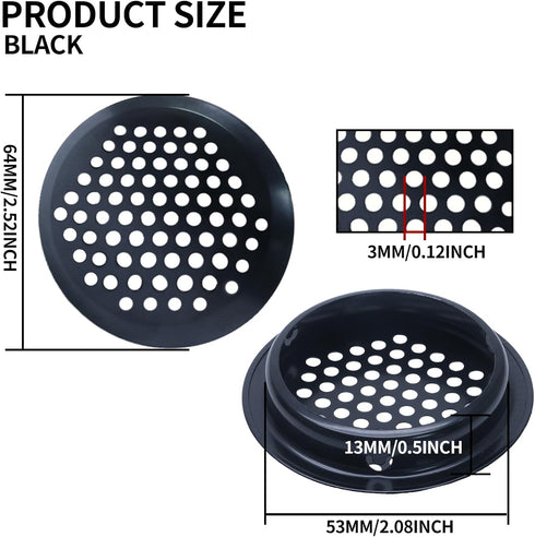 20Pcs Circular Air Vents Black Soffit Vent, Stainless Steel Round Vent Mesh Hole Louver for Kitchen Bathroom Cabinet Wardrobe, 2"(53mm) Mounting D...