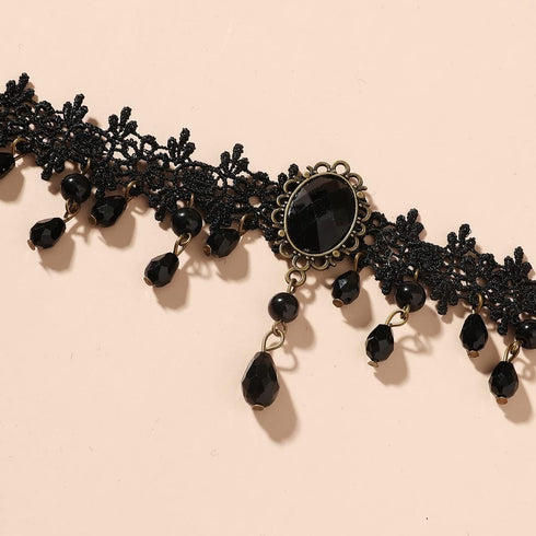 Gothic Black Lace Crystal Choker Necklace Sexy Gemstone Pendant Neck Chain Halloween Costume Jewelry for Women Girls...