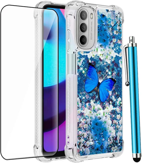 for Moto G 5G 2022 Phone Case with Tempered Glass Screen Protector, Motorola G 5G 2022 Case,Women Girls Glitter Bling Liquid Soft TPU Shockproof S...