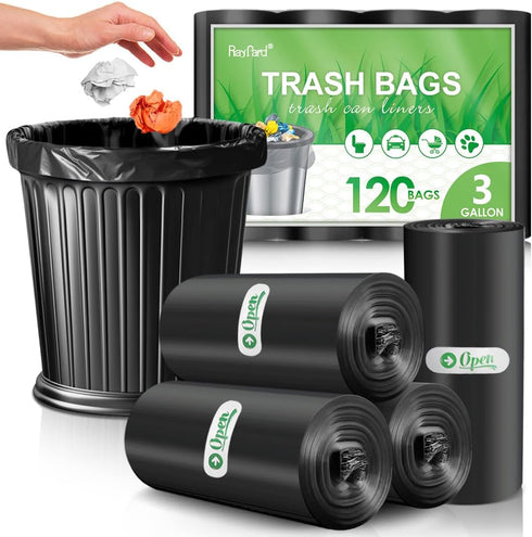3 Gallon 120 Counts (fit 2.6-3.3 Gal) Small Trash Bags Garbage Bags by RayPard, 10-12 Liter Waste Basket Liner Fit 2.6,3.1,3.2,3.3 Gal Trash Can f...