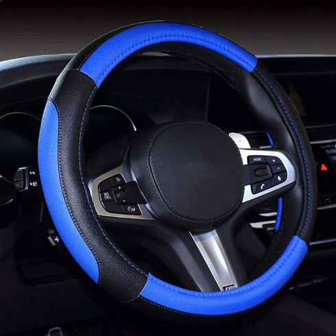 SHIAWASENA Microfiber Leather Car Steering Wheel Cover, Fashion Stitching, Universal 15 Inch Fit, Non-Slip (Black&Blue)...