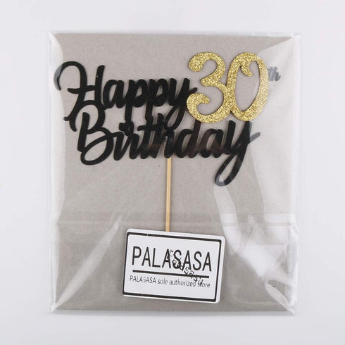 PALASASA Black Gold Glitter Happy Birthday cake topper - 30 Anniversary/Birthday Cake Topper Party Decoration (30th)...