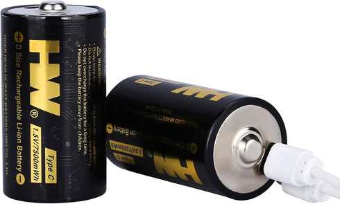 HW USB-C Rechargeable 1.5V Lithium D Batteries, 2-Pack 5000mAh/7500mWh Fast Charging with Over 1000 Cycles D Cell Long Lasting Lithium Batteries f...