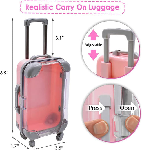 American Doll Travel Suitcase Play Set for Girl 18 Inch Doll, Travel Carrier Luggage Doll Clothes Sunglasses Camera Laptop Pillow, Pretend Play To...