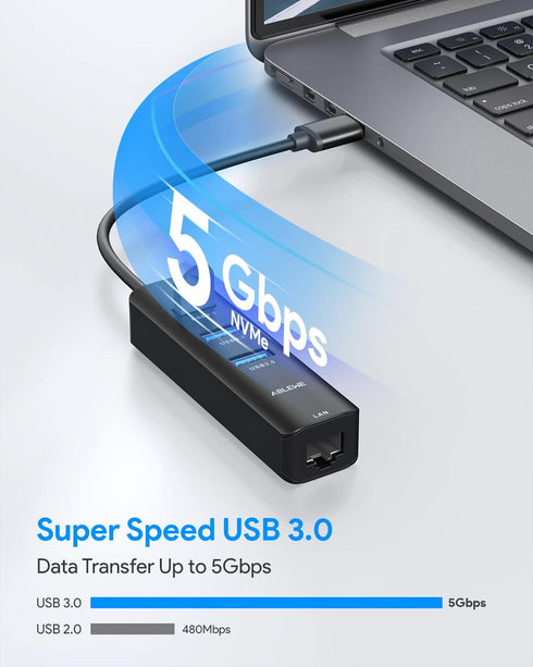 USB to Ethernet Adapter, ABLEWE 3 Ports USB 3.0 Hub with RJ45 1Gbps Gigabit Ethernet Adapter, for MacBook Air 2017, iMac, XPS, Surface Pro, Linux,...