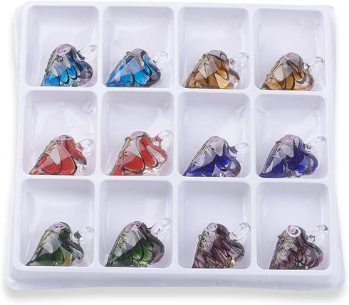 Craftdady 12Pcs Large Hole Lampwork Glass Heart Pendants 41-47x28-31mm Mixed Colors Handcrafted Gold Sand Love Heart Charms with Flower for Jewelr...