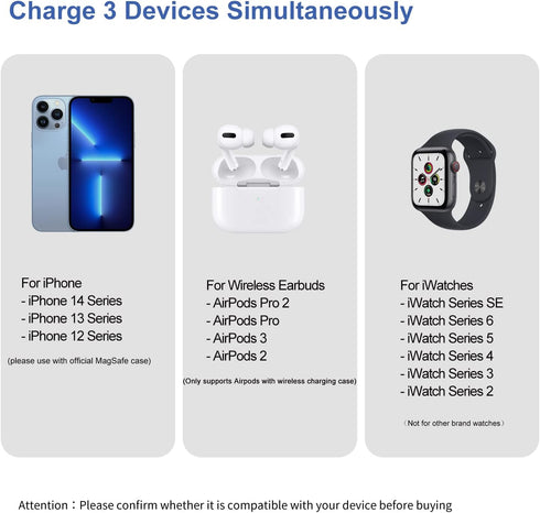 Magnetic Wireless Charger, 3 in 1 Wireless Charging Station for Multiple Devices, for iPhone 14/Pro/Max/Plus/13/12 Series, iWatch 7/6/5/4/3/2, Air...