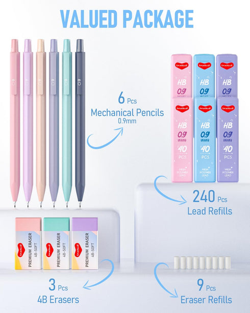 6PCS 0.9 mm Mechanical Pencil Set, Pastel Mechanical Pencil with 240PCS HB Pencil Lead, 3 Erasers, 9 Eraser Refill, Aesthetic School Supplies for ...
