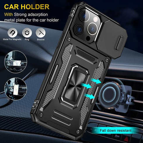 for iPhone 15 Pro Case with 2Tempered Glass Screen Protector,iPhone 15 Pro Kickstand Case with Slide Camera Cover &360°Ring Stand Magnetic Shockpr...