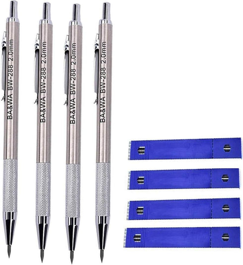 4 Pack 2.0 mm Lead Holder Metal Mechanical Pencil Automatic Mechanical Drafting Pencil for Draft Drawing,Carpenter,Crafting, Art Sketching + 48 Le...