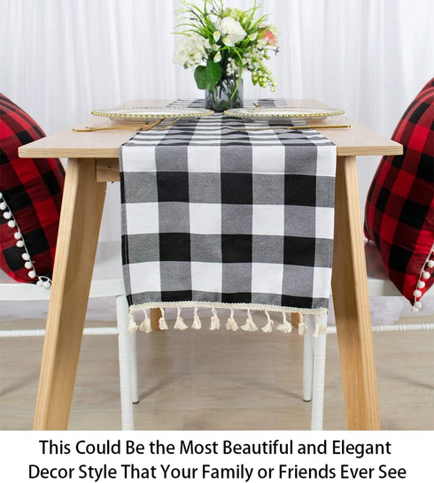ShinyBeauty Buffalo Plaid Table Runner Black and White 13''x72'' Buffalo Check Table Runner Tassel Runner Checkered Table Cover Classic Gingham Ta...