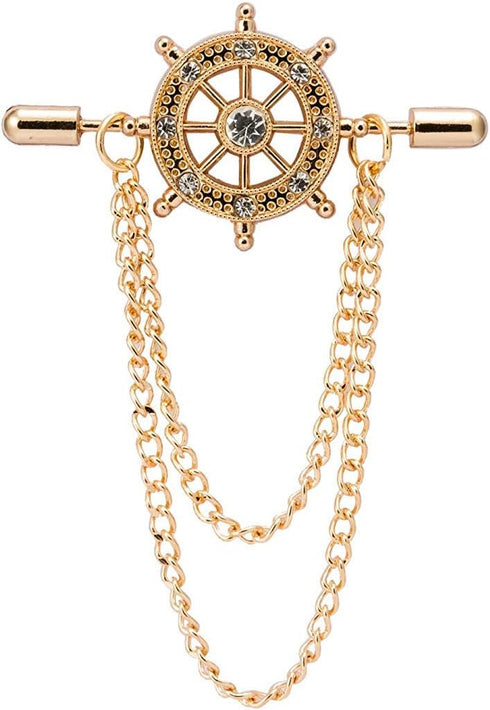 Crystal Ship's Steering Wheel with Chain Lapel Pin, Brooch Suit Stud, Shirt Studs Men's Accessories...
