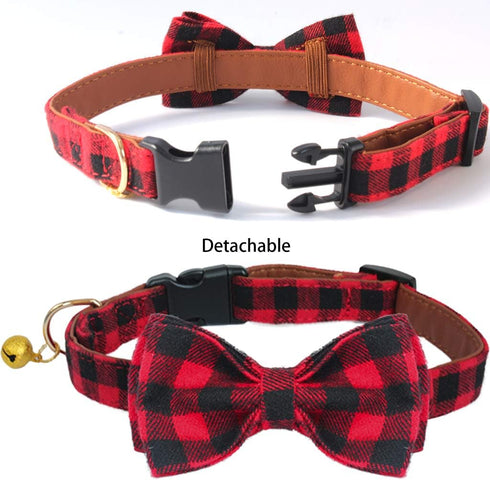 KUDES Plaid Dog Collar with Bow, 2 Pack/Set Adjustable Dog Bow Tie Collars with Bell, Best Pet Gift for Small Medium Large Girl and Boy Dogs, Red ...