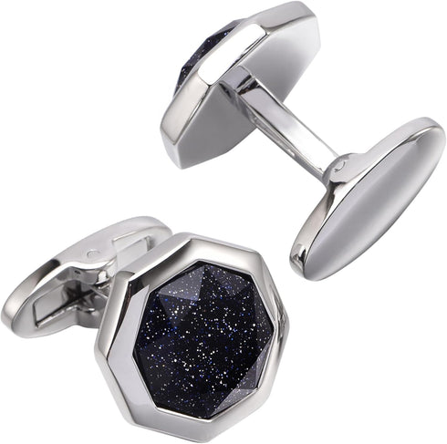 Octagon Goldstone Cufflinks for Men with Gift Box Silver Gold Plated Sparkling Polyhedral Crystal Men Cufflinks for Wedding Shirt Party Birthday A...