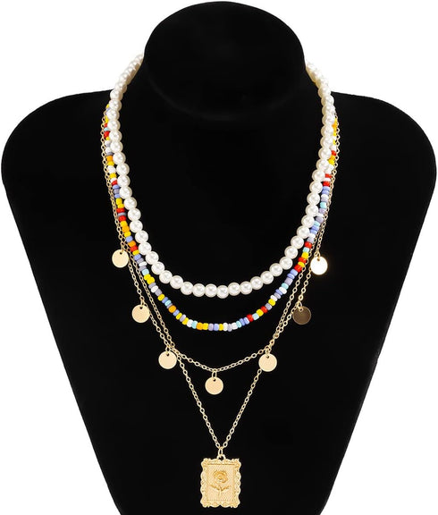 Boho Layered Pearl Turquoise Necklace Colorful Bead Chain Sequins Pendent Beach Choker Necklace Glitter Bohemia Tassel Necklace for Women...