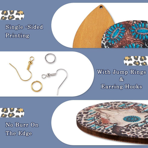 Elecrelive Teardrop Wood Earring Making Kit 36pcs Western Style Printed Earring Charms Big Boho Vintage Wood Pendants with Cowhead Turquoise Cross...