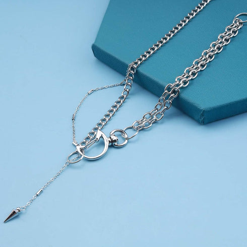Punk Cuban Link Chain Necklace Crescent Choker Necklace Open Moon Buckle Choker Necklace Silver Chunky Chain Necklace Rivet spike Pendant Necklace...