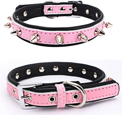 Cool Genuine Leather Spiked Studded Dog Pet Collars for Small Medium Dogs Cats Puppies,Pink,S:(Neck 10.5-13")...