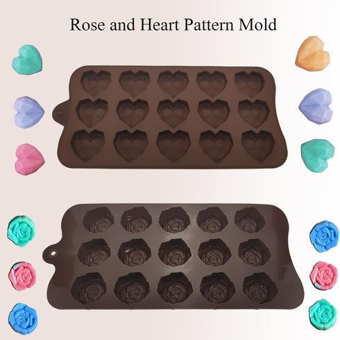2 PACK Heart Rose Flower Ice Cube Silicone Mold,Diamond Heart Chocolate Candy Silicone Mold for Making Cookies Cakes Mousse Chocolate Ice Cream Je...