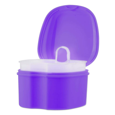 Denture Soaking Cup Dental Retainer Case Cleaning with Strainer Basket, Orthodontic Bath Box Mouthguard Storage Holder - Purple...