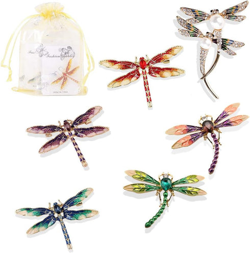 6 Pcs Dragonfly Themed Enamel Crystal Rhinestones Brooch Pin Women Jewelry Clothes Dress Scarf Decoration Lapel Pin...