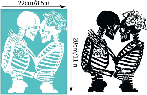 OLYCRAFT 2Pcs 8.6x11 Inch Skeleton Couple Self-Adhesive Silk Screen Printing Stencil Skull Lover Silk Screen Stencil Skull Rose Reusable Mesh Sten...