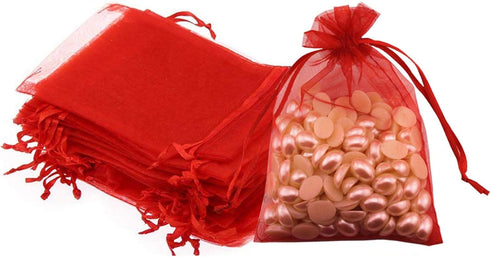 50 Pc 5x7 inch Gift Wrap Bags Red,Organza Sheer Fabric,Drawstring Glossy Pastel Treat Bags for Baby Shower Favor,House Party Favors,Bridal Shower ...