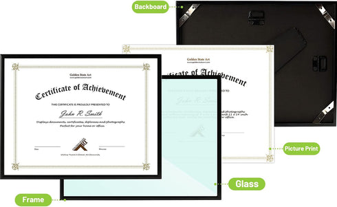 Golden State Art, 8.5x11 Aluminum Frame, Real Glass, Metal Frame for 8.5 by 11 inch Document, Certificate, Diploma. with Easel Stand (Black 1pack)...